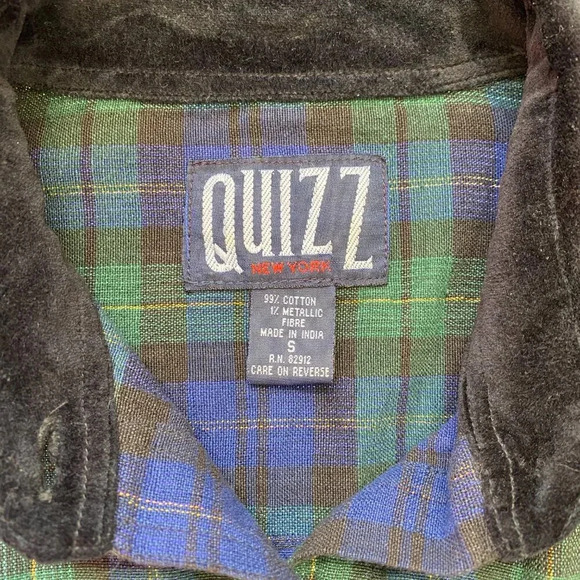 Vtg Quizz Long Sleeve Velvet Collar Plaid Button Down Shirt Women's Small Multi - Picture 11 of 12